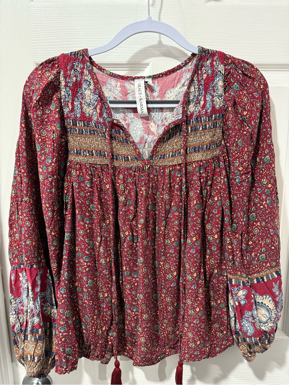 Grace + Karma Burgundy Floral Boho Peasant Blouse, size S